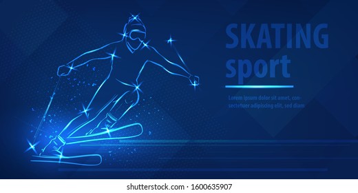 Skiing speed race skating sport. Ice skiing race. Blue neon horizontal banner. Olympic winter games. Man extreme figure. Snow track ski blue neon winter sport vector background.