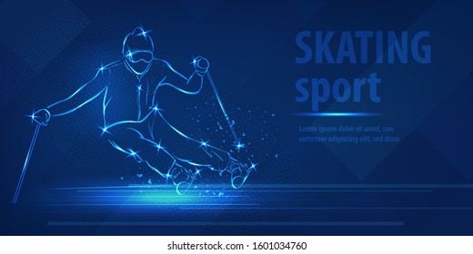 Skiing speed race skating sport. Ice skiing race. Blue neon horizontal banner. Olympic winter games. Man extreme figure. Snow track ski blue neon winter sport vector background.