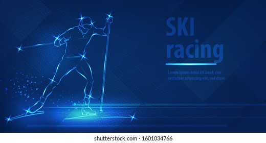 Skiing speed race skating sport. Ice skiing race. Blue neon horizontal banner. Olympic winter games. Man extreme figure. Snow track ski blue neon winter sport vector background.