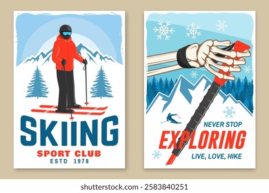 Skiing sport club. Vector ski club retro flyer, poster, banner with mountain, skier man, human skeleton hand holding ski pole. Family vacation, activity or travel