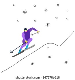 Skiing sportsman doodle character in motion. Sporty guy riding on skis. Vector concept in cartoon style. Winter sport game illustration can be used for poster, banner, background, emblem, logo, icon