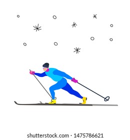 Skiing sportsman doodle character in motion. Sporty guy riding on skis. Vector concept in cartoon style. Winter sport game illustration can be used for poster, banner, background, emblem, logo, icon