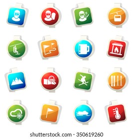 Skiing stickers label icon set