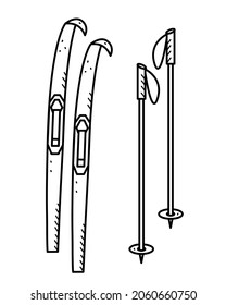 Icono de esquí con palos, elemento de doodle vector, ilustración de dibujos animados, concepto de actividades al aire libre o deportes