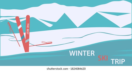 Skiing with sticks in a snowdrift - snow, mountain landscape - vector. Winter sports.