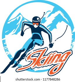 skiing stylized vector symbol, logo or emblem template. Skiing sport games badge design