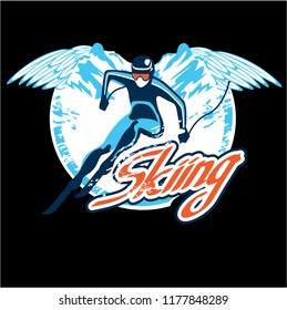 skiing stylized vector symbol, logo or emblem template. Skiing sport games badge design
