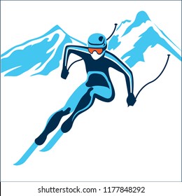 skiing stylized vector symbol, logo or emblem template. Skiing sport games badge design