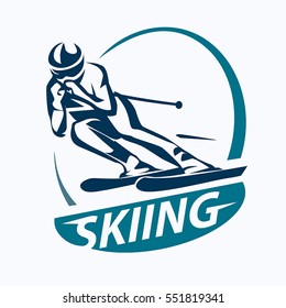 skiing stylized vector symbol, logo or emblem template