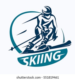 skiing stylized vector symbol, logo or emblem template