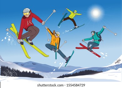 Skiing tour in the mountains. Challenge yourself in the winter with friends. Sport Tourism.