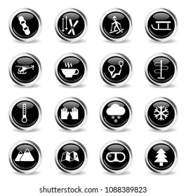 skiing vector icons - black round chrome buttons