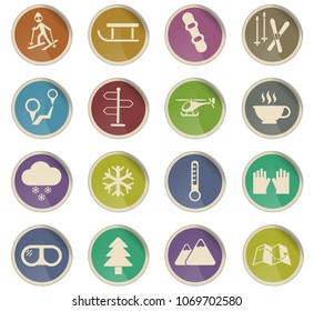 skiing vector icons in the form of round paper labels