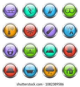 skiing vector icons on color glass buttons