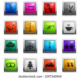skiing vector icons in square colored buttons for web and user interface design
