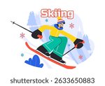 Skiing Vector Illustration Featuring Skiers Sliding Down a Snowy Mountain at a Ski Resort in Winter Sports Activities in a Flat Style Background