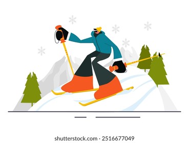 Ilustración vectorial de esquí con esquiadores deslizándose por una montaña en una estación de esquí en Flat Winter Sports Activities Estilo Fondo de dibujos animados