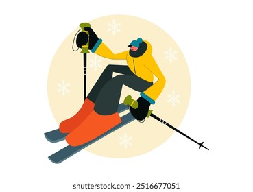 Skiing Vector Illustration featuring Skiers Sliding Down a Mountain at a Ski Resort in Flat Winter Sports Activities Style Cartoon Background