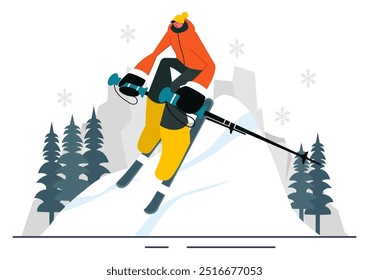 Ilustración vectorial de esquí con esquiadores deslizándose por una montaña en una estación de esquí en Flat Winter Sports Activities Estilo Fondo de dibujos animados