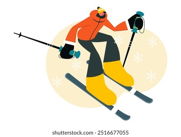 Ilustración vectorial de esquí con esquiadores deslizándose por una montaña en una estación de esquí en Flat Winter Sports Activities Estilo Fondo de dibujos animados