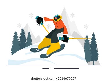 Ilustración vectorial de esquí con esquiadores deslizándose por una montaña en una estación de esquí en Flat Winter Sports Activities Estilo Fondo de dibujos animados