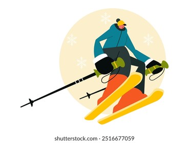 Ilustración vectorial de esquí con esquiadores deslizándose por una montaña en una estación de esquí en Flat Winter Sports Activities Estilo Fondo de dibujos animados