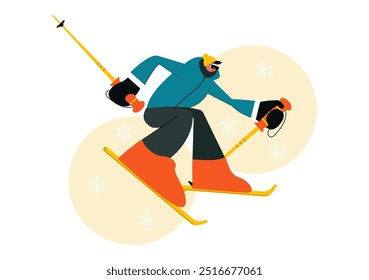 Ilustración vectorial de esquí con esquiadores deslizándose por una montaña en una estación de esquí en Flat Winter Sports Activities Estilo Fondo de dibujos animados