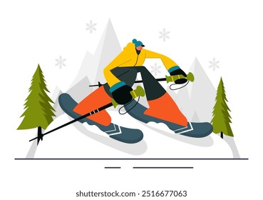 Ilustración vectorial de esquí con esquiadores deslizándose por una montaña en una estación de esquí en Flat Winter Sports Activities Estilo Fondo de dibujos animados