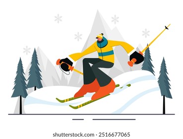 Ilustración vectorial de esquí con esquiadores deslizándose por una montaña en una estación de esquí en Flat Winter Sports Activities Estilo Fondo de dibujos animados