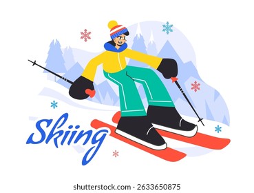 Skiing Vector Illustration Featuring Skiers Sliding Down a Snowy Mountain at a Ski Resort in Winter Sports Activities in a Flat Style Background