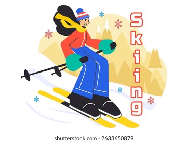 Skiing Vector Illustration Featuring Skiers Sliding Down a Snowy Mountain at a Ski Resort in Winter Sports Activities in a Flat Style Background