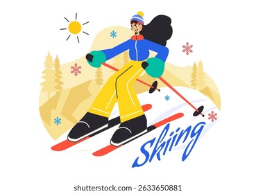 Skiing Vector Illustration Featuring Skiers Sliding Down a Snowy Mountain at a Ski Resort in Winter Sports Activities in a Flat Style Background