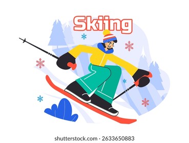 Skiing Vector Illustration Featuring Skiers Sliding Down a Snowy Mountain at a Ski Resort in Winter Sports Activities in a Flat Style Background