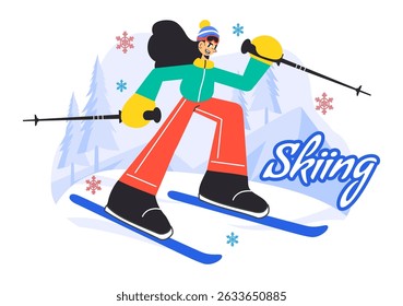 Skiing Vector Illustration Featuring Skiers Sliding Down a Snowy Mountain at a Ski Resort in Winter Sports Activities in a Flat Style Background