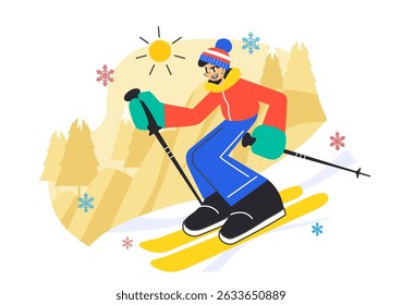 Skiing Vector Illustration Featuring Skiers Sliding Down a Snowy Mountain at a Ski Resort in Winter Sports Activities in a Flat Style Background