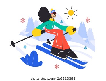 Skiing Vector Illustration Featuring Skiers Sliding Down a Snowy Mountain at a Ski Resort in Winter Sports Activities in a Flat Style Background