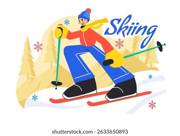 Skiing Vector Illustration Featuring Skiers Sliding Down a Snowy Mountain at a Ski Resort in Winter Sports Activities in a Flat Style Background