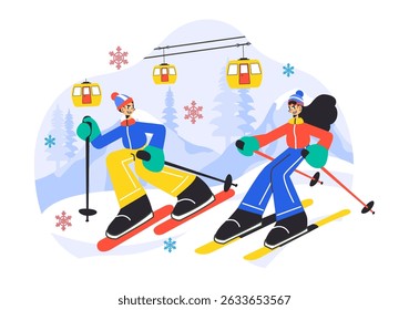 Skiing Vector Illustration Featuring Skiers Sliding Down a Snowy Mountain at a Ski Resort in Winter Sports Activities in a Flat Style Background