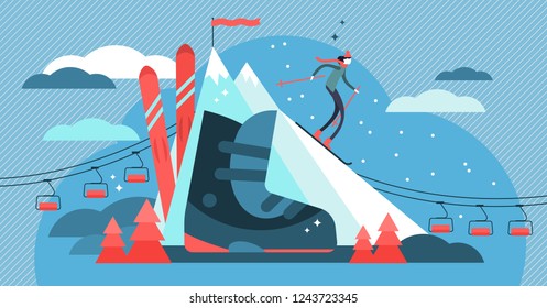 Skiing vector illustration. Flat mini athlete person concept with sport equipment. Character with slalom, freestyle or competition gear. Winter ice and snow activity. Active extreme outdoors lifestyle