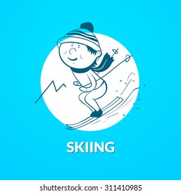 Skiing vector logo, dynamic image silhouette skier with an inscription