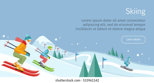 Skiing web banner. Skiers on snowy slope competition. Person skiing flat style. Winter season recreation sport activity. Slalom sport ski race. Athletes on downhill. Extreme speed skiing. Vector