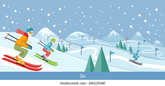 Skiing Winter Landscape Design. Skier On Snow, Ski And Winter, Cold And Sky, Outdoor Mountain, Sport Season, Extreme Hill, Vacation And Weather, Resort Activity, Snowy Natural Environment Illustration