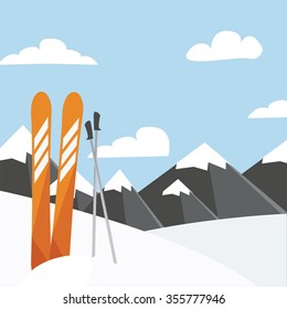 Skiing, winter season , mountains and ski equipments on ski run. Flat design winter sport activity illustration.