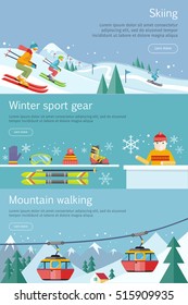 Skiing. Winter sport gear. Mountain walking banners set. Winter recreational conceptual web banners. Funicular railway, landscape, skiing equipment, skier competition. Ski lift. Vector illustration