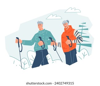 Skiing winter sport for people of all ages, including the elderly, banner design. Active elderly skiers on ski vacation, flat cartoon vector illustration isolated on white background.