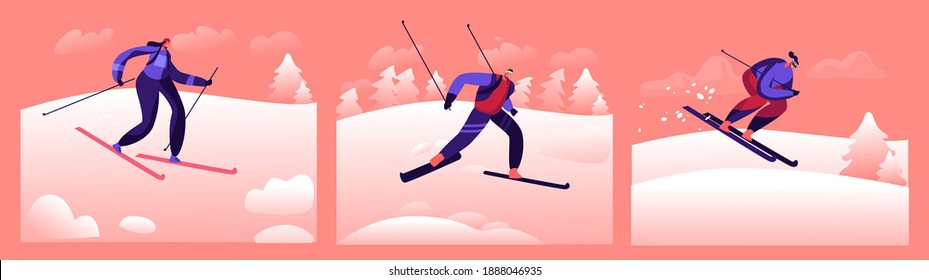 Skiing Winter Sports Outdoors Spare Time. Characters Wear Warm Sportive Costume and Goggles Going Downhill by Skis on Nature Background with Falling Snow and Trees. Cartoon People Vector Illustration