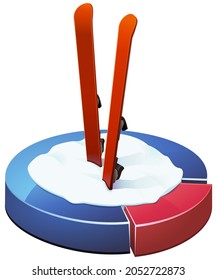 Skiing and winter sports statistics : pair of skis in snow posed on a pie chart (cut out)