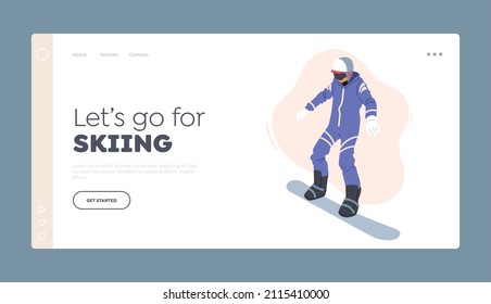 Skiing Winter Vacation Extreme Sports Landing Page Template. Adult Sportsman Dressed in Winter Clothes and Goggles Snowboarding and Making Stunts on Mountain Ski Resort. Cartoon Vector Illustration