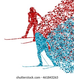 Skiing women abstract vector background illustration made of fragments isolated on white