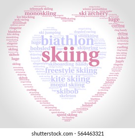 Skiing. Word cloud, heart inside heart, pink font, grey gradient background. Love of sport.